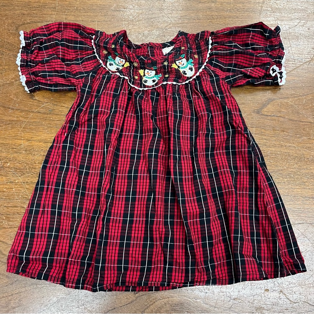 Toffee Apple Red Plaid Dress with Snowman Embroidery 2t